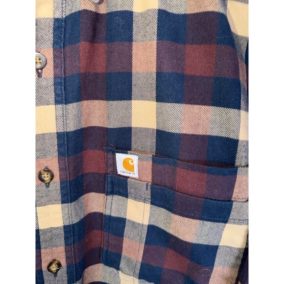Carhartt Relaxed Fit Plaid Flannel Shirt Navy Maroon Tan Men's Size L - Picture 2 of 5